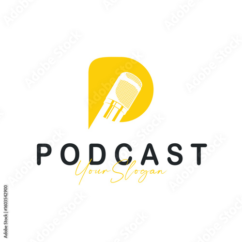 Microphone logo design, black silhouette concept of condenser microphone for podcast, simple vintage and modern design for business brand illustration template or poster