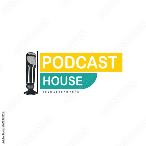 Microphone logo design, black silhouette concept of condenser microphone for podcast, simple vintage and modern design for business brand illustration template or poster