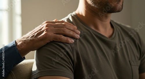 A reassuring hand rests on a man's shoulder, conveying support, empathy, and connection in a moment of understanding and care.
