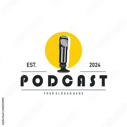 Microphone logo design, black silhouette concept of condenser microphone for podcast, simple vintage and modern design for business brand illustration template or poster