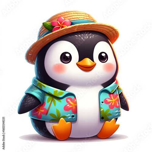 Penguin wearing a cap and scarf with a snowman holding a toy in a fun winter cartoon scene