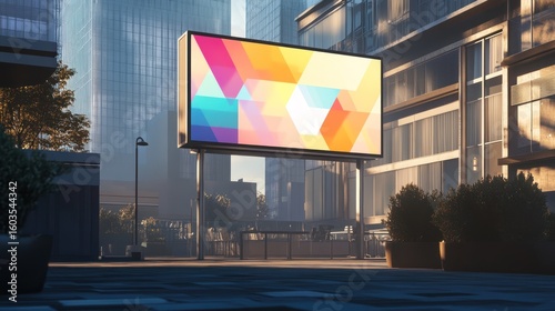 Modern city billboard with geometric design.