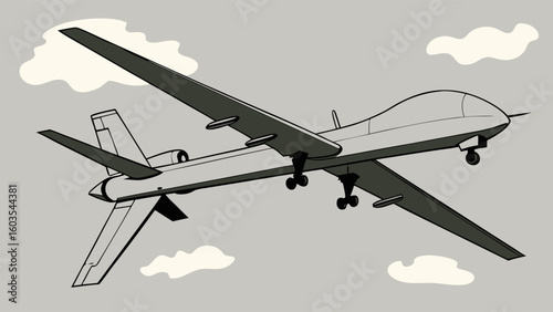Gray Unmanned Aerial Vehicle Flying with Clouds Illustration.