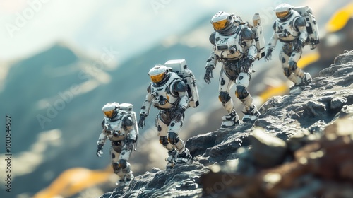 Four astronauts in futuristic suits ascend a rocky mountain.