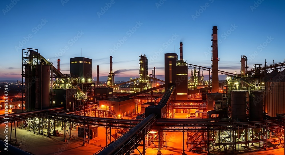 Naklejka premium Illuminated Industrial Complex at Twilight Revealing the Heart of Manufacturing Activity
