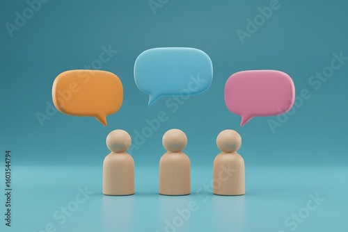 ideas, collaborative discussions. 3D render of three wooden figures standing in front of a blue wall, Three wooden figures stand beneath vibrant speech bubbles a blue backdrop, communication