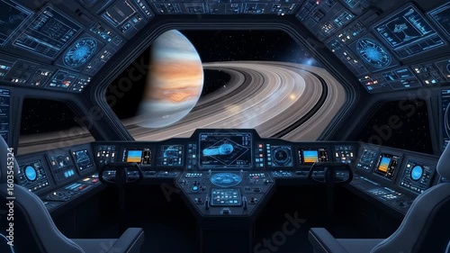 Viewing Gas Giant Planet with Rings from Futuristic Spacecraft Cockpit Window