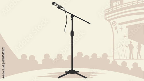 Microphone on stage with audience and cruise ship backdrop illustration.