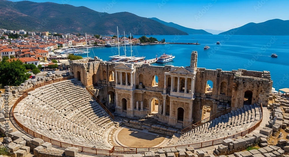 Naklejka premium Ancient theater overlooking the beautiful coastal town of Kas in Antalya Turkey