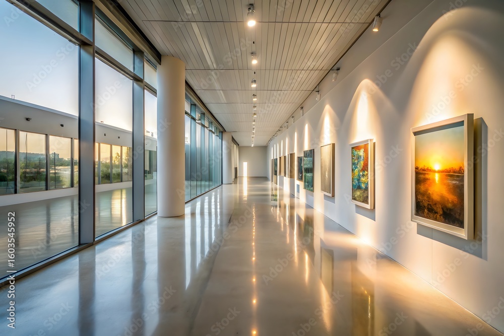 Fototapeta premium Modern art gallery hallway with large windows and illuminated landscape paintings
