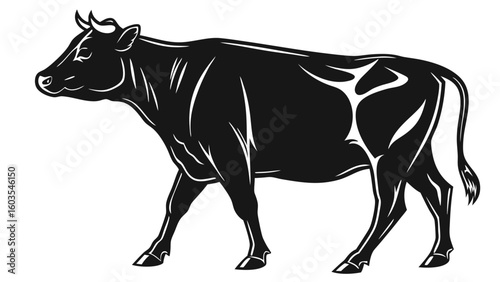 Silhouette of a Walking Cow with Detailed White Outlines.