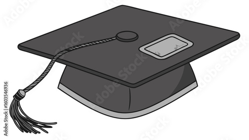 Stylized Gray Graduation Cap with Tassel and Nameplate Illustration.
