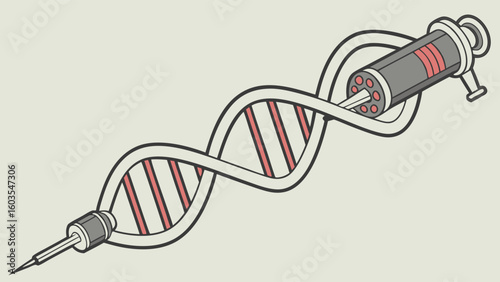 Syringe Injecting into a DNA Strand Representing Genetic Modification.