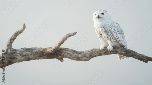 Snowy owl perched on a weathered branch against a muted background.