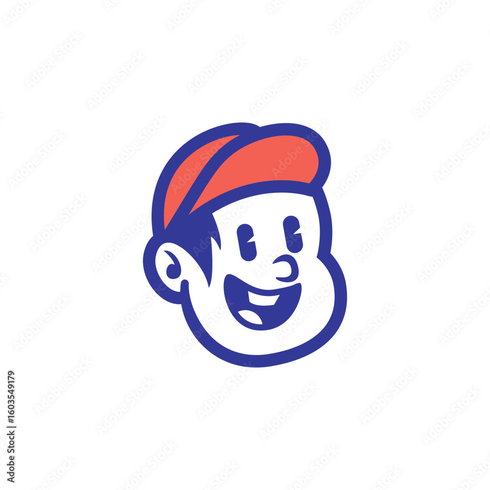 Cute cartoon boy face with red cap and bold outline. Smiling character design perfect for mascot logo, kids brand, sticker, or vector icon. Fun editable EPS illustration Cute cartoon boy face with red cap and bold outline. Smiling character design perfect for mascot logo, kids brand, sticker, or vector icon. Fun editable EPS illustration