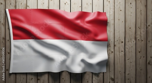 The Indonesian flag, red and white, waving against a wooden background, showing texture and detail.