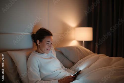 relaxing night at home,  lying in bed to rest, the woman sits on the edge of the bed reading a book.
