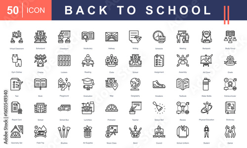 Back to School icon set featuring icons for classroom activities, school supplies, academic subjects, and student life. Perfect for education materials, school promotions, and learning platforms.