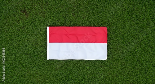 The Indonesian flag, a red and white bicolor, rests on a vibrant, green grass surface.