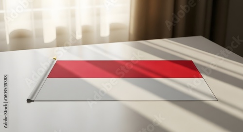 A small Indonesian flag lies flat on a white table, illuminated by natural light.