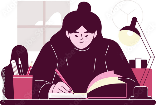 Focused student studies diligently at her desk, writing and learning with concentration and passion