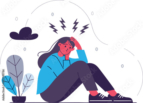 Stressed woman with lightning bolts above head sits with hand on head feeling overwhelmed and anxious