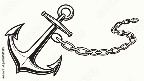 Classic Black and White Anchor with Attached Chain Illustration.