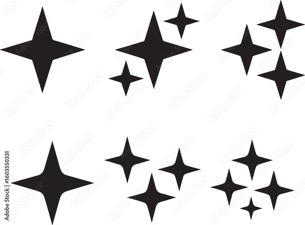Obraz premium Collection of Black Four Point Star Shapes on a White Background