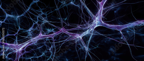 Neural network neuron synapse science abstract blue purple glowing connection