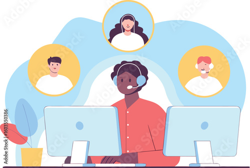 Professional customer service team assisting clients remotely with call center support from home office setup