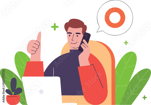 Modern professional celebrates success with a thumbs up while talking on the phone at his desk