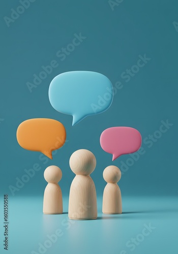ideas, collaborative discussions. 3D render of three wooden figures standing in front of a blue wall, Three wooden figures stand beneath vibrant speech bubbles a blue backdrop, communication