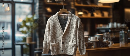 Cream-colored knitted cardigan hanging in a coffee shop.