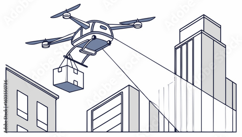 Drone Delivering Package Over City Buildings in Modern Illustration.