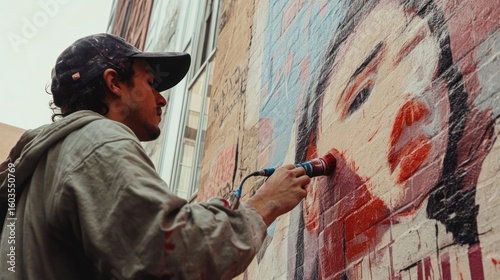 Artist painting a large mural of a woman's face on a brick wall outdoors.
