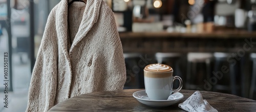 Cozy cafe scene with latte art and a knitted cardigan.