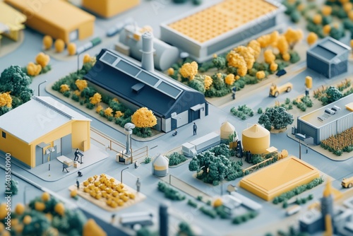 Isometric view of a miniature city with agricultural and industrial elements.