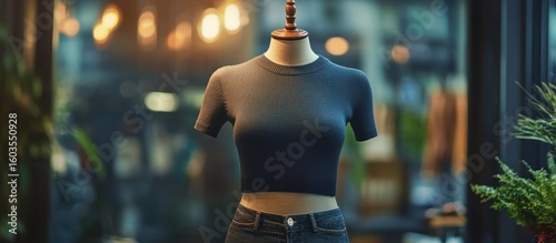 Mannequin displaying a dark blue cropped top and jeans in a shop window.