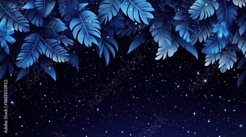 Dark blue tropical leaves and starry night sky background.