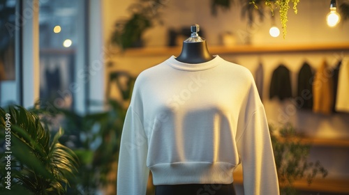 White cropped sweatshirt on a mannequin in a stylish boutique.