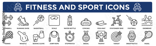 Fitness and sport icons collection. Contains dumbbell, running shoe, smartwatch, stationary bike, swimming, boxing glove icons. Simple line vector illustration.	