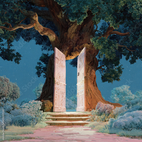 Mystical tree-framed doorway at night