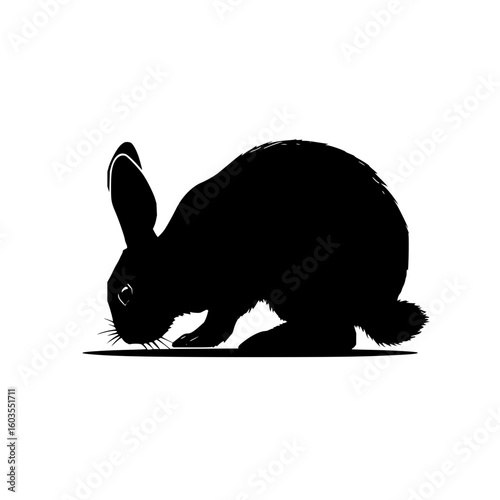 Silhouette of a rabbit with long ears crouching down as if it is about to eat or sniff the ground below