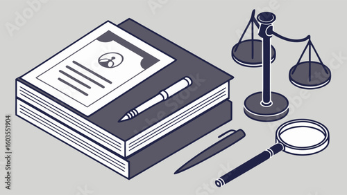 Isometric Illustration of Legal Documents Scales and Magnifying Glass.