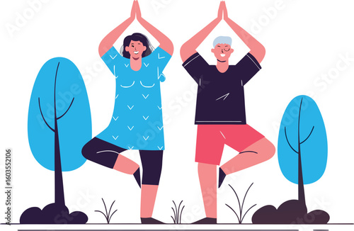 Vector illustration of cartoon happy senior man and woman doing yoga balance exercises in summer park. Isolated on background
