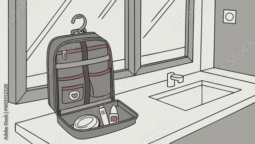 Open Grey Wash Bag with Cosmetics and Accessories.