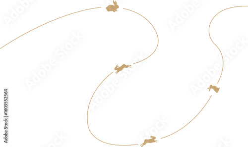 A charming graphic illustration depicting the graceful journey of jumping rabbits along a winding,flowing line, symbolizing progress and freedom