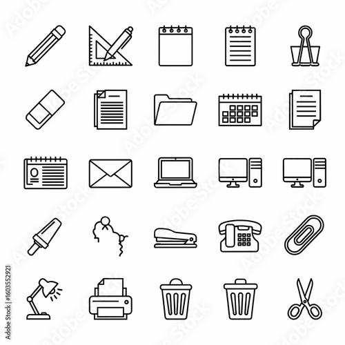 Outline icon set of business and office supplies for workspace and communication concepts