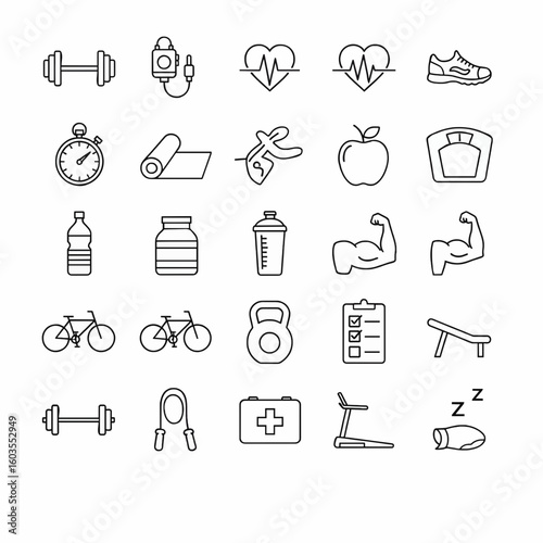 Set of health and fitness line icons for gym, workout, and healthy lifestyle themes