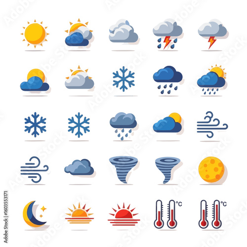 A comprehensive set of flat style weather forecast and meteorology icons on white